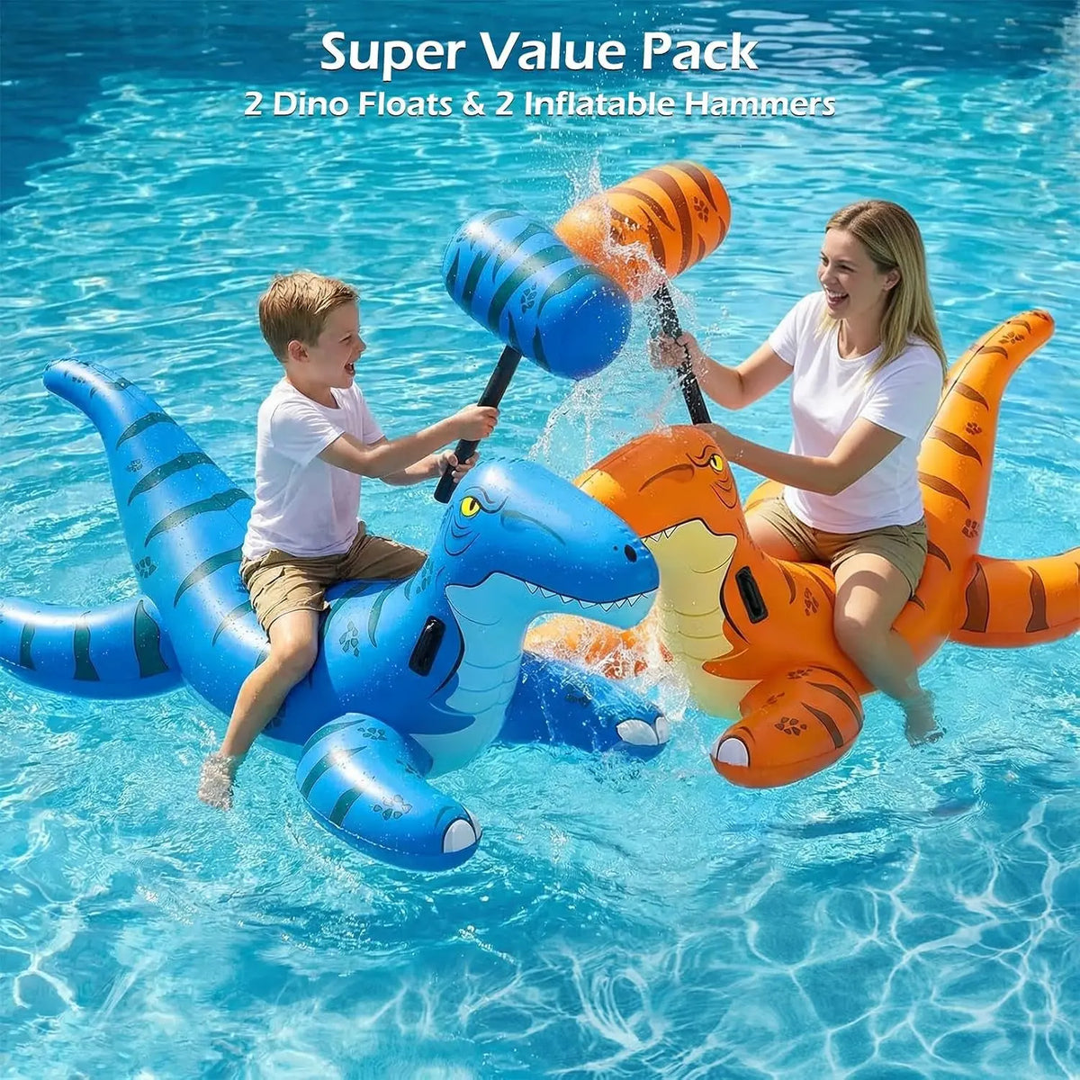 Pool Games Toys Floats -2Pack Inflatable Dinosaur Pool Floats with Blow up Toy Hammers Ride on Pool Floaties for Kids Teens Adults Lounge Raft Summer Lake Beach Party Decorations