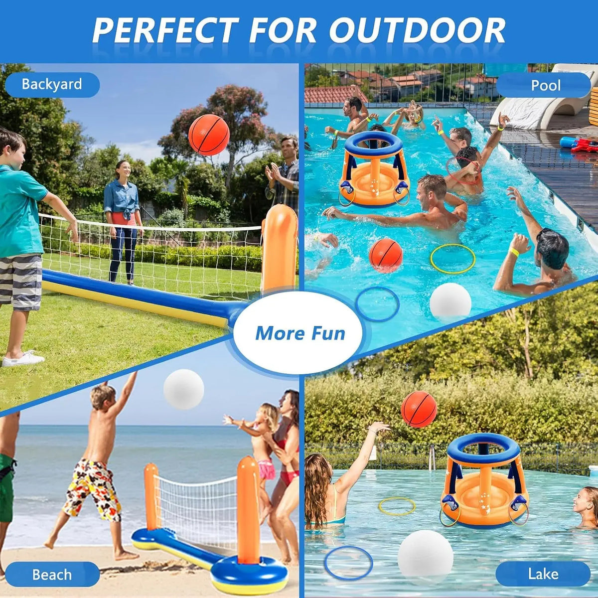 Pool Toys Games Set - 3 in 1 Pool Volleyball Net Basketball Hoop Ring Toss Game Inflatable Floats Water Floating Volleyball Swimming Pools Games Party Gift for Kids Adults (Orange&Blue, XL)