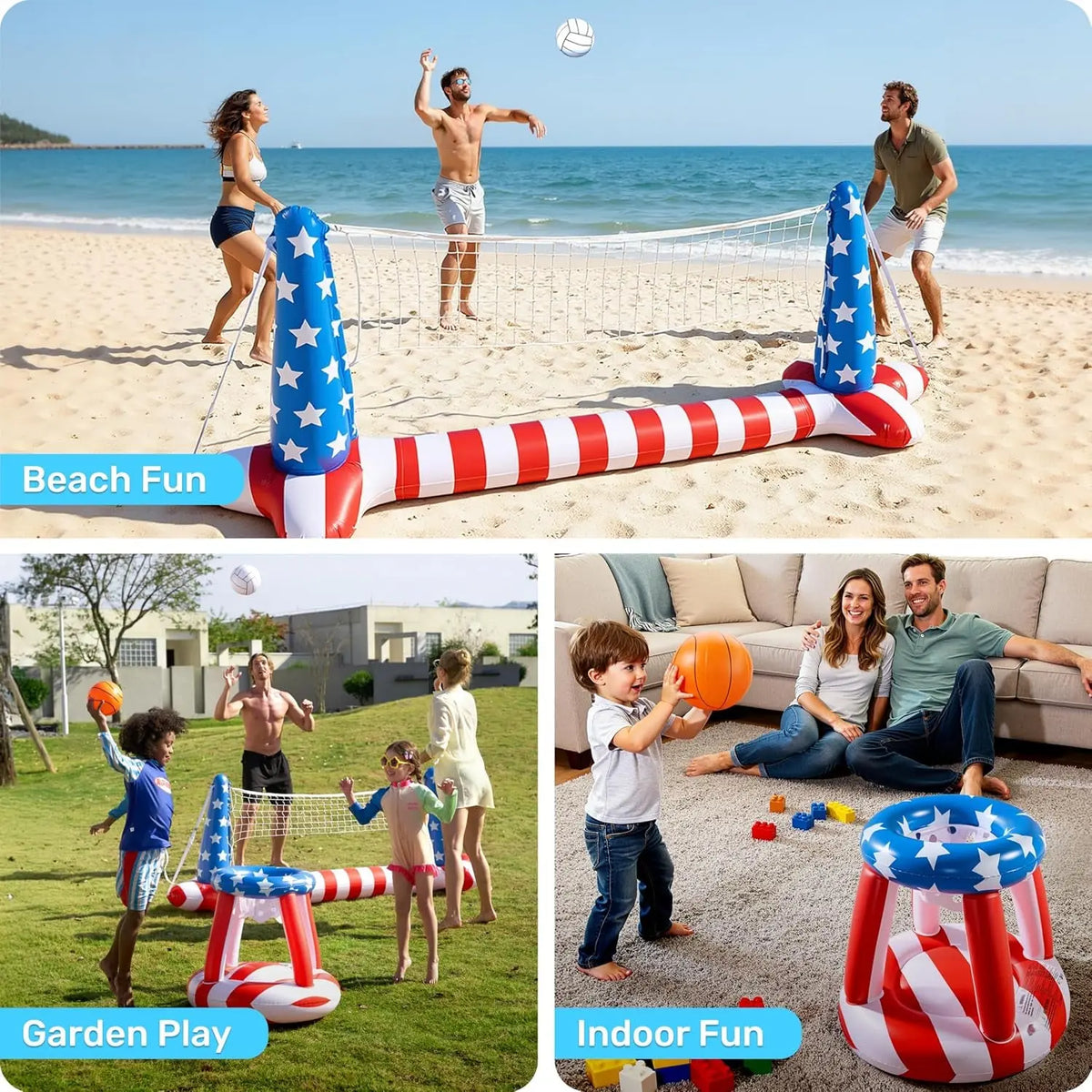 4Th of July Pool Games Set, Inflatable Pool Floats Set American Flag Volleyball Net & Basketball Hoops, Swimming Pool Game Toy for Kids and Adults, Floating, Volleyball Court (105”X35”)