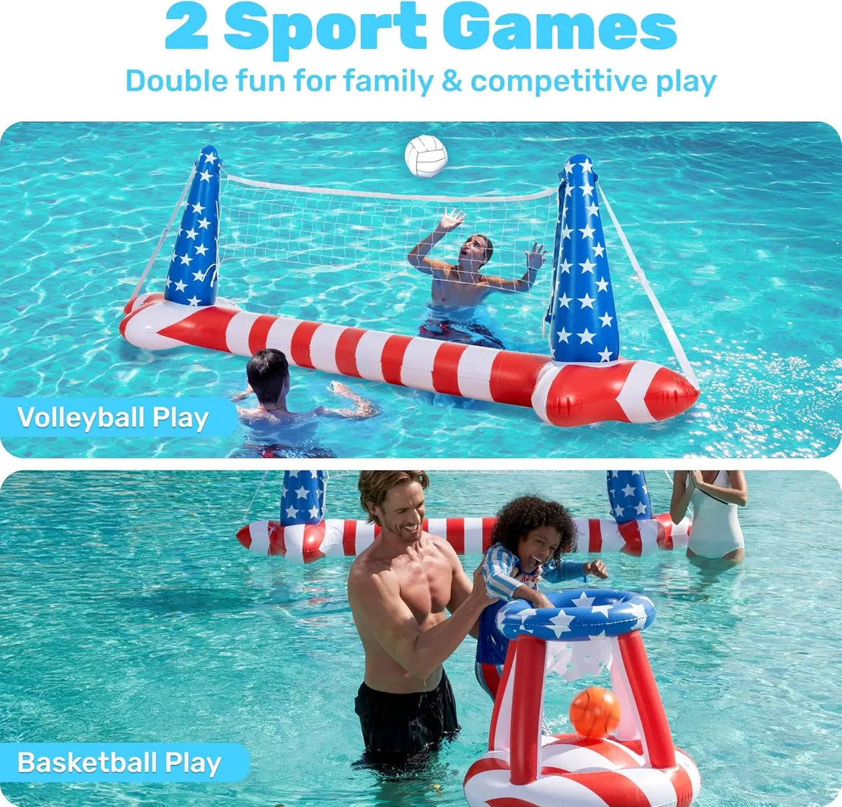 4Th of July Pool Games Set, Inflatable Pool Floats Set American Flag Volleyball Net & Basketball Hoops, Swimming Pool Game Toy for Kids and Adults, Floating, Volleyball Court (105”X35”)