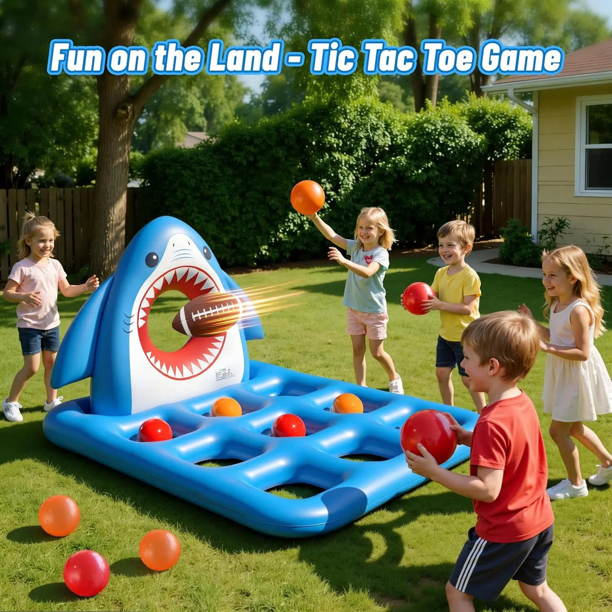 Inflatable Pool Toys Games, Fun 2-In-1 Shark Pool Water Games Floating, Giant Tic Tac Toe Game with 10 Balls & Football - Family Pool Party Beach Game Toys for Kids Ages 6+ Adults Teens