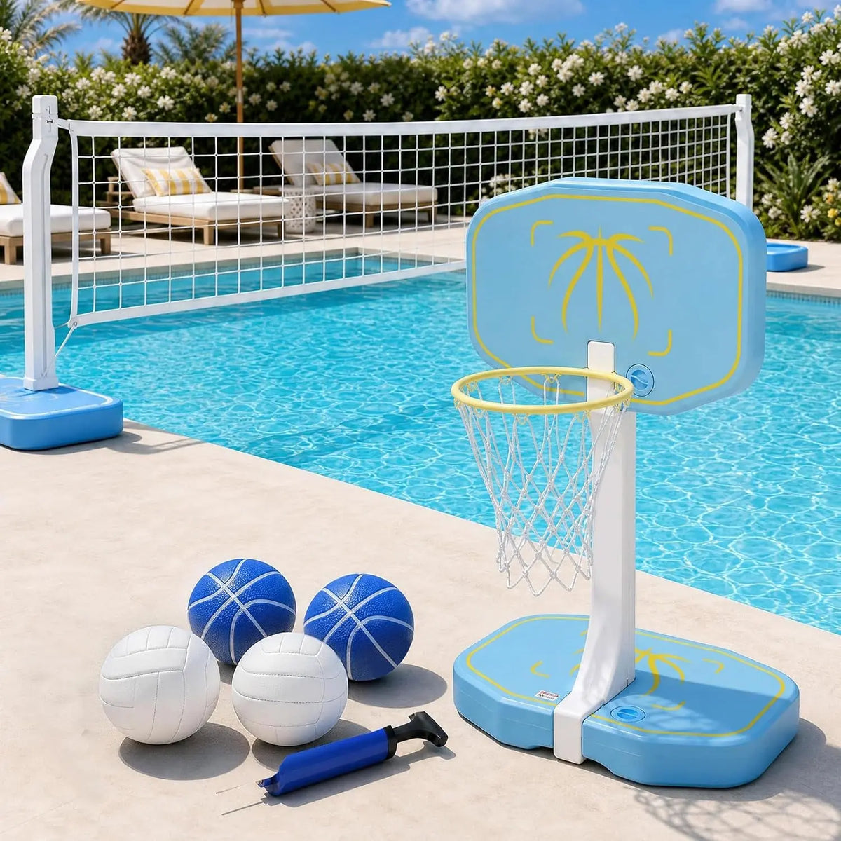 2-In-1 Pool Volleyball Net&Pool Basketball Hoop