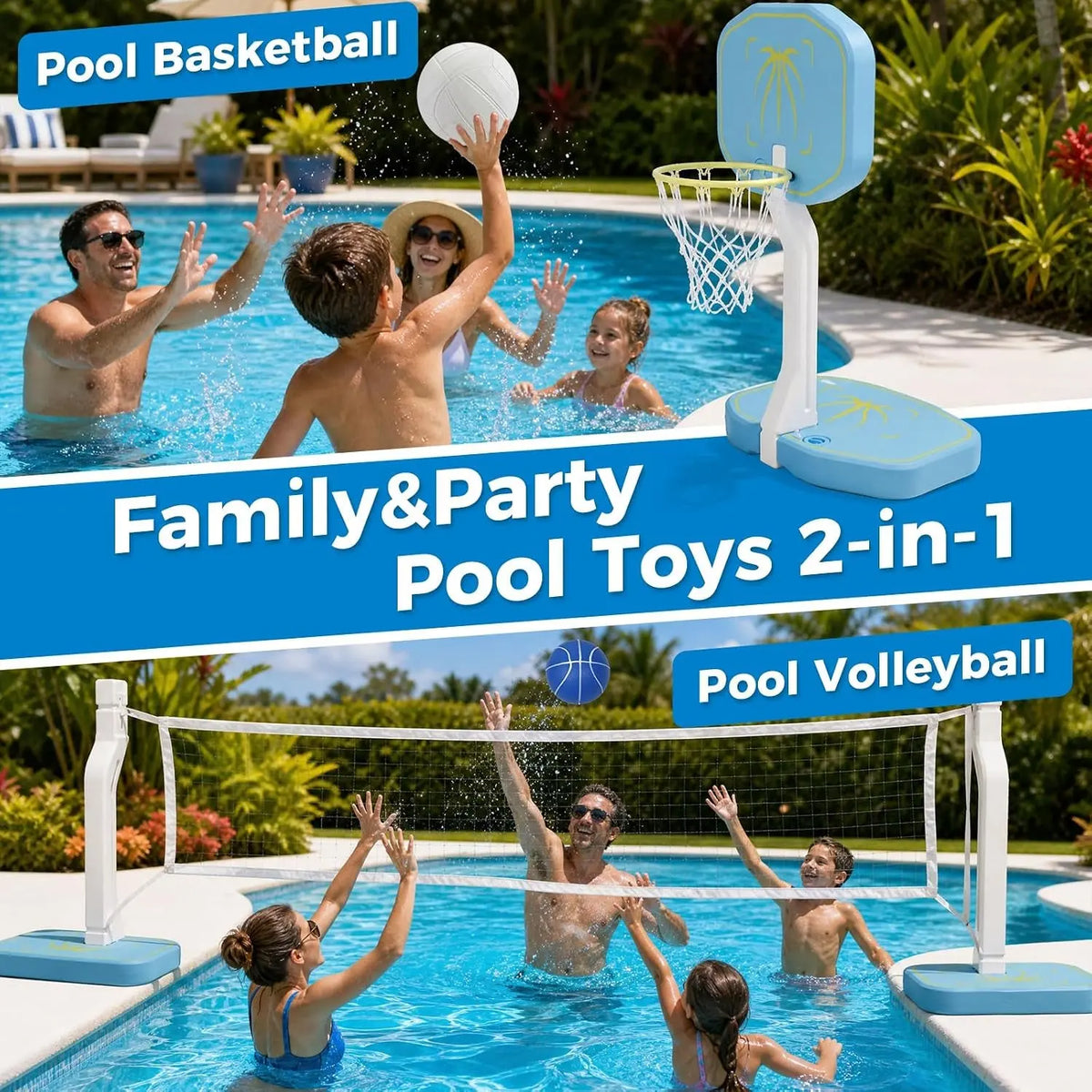 2-In-1 Pool Volleyball Net&Pool Basketball Hoop