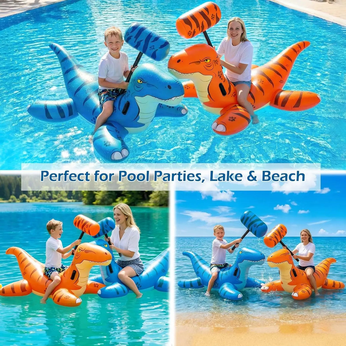 Pool Games Toys Floats -2Pack Inflatable Dinosaur Pool Floats with Blow up Toy Hammers Ride on Pool Floaties for Kids Teens Adults Lounge Raft Summer Lake Beach Party Decorations