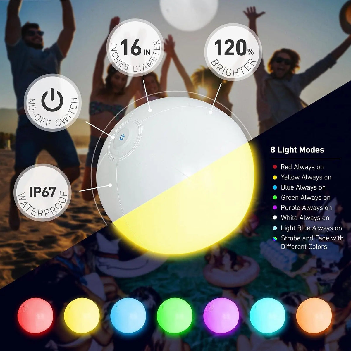 LED Beach Ball, 16 Inch, for Glow in the Dark Pool Games