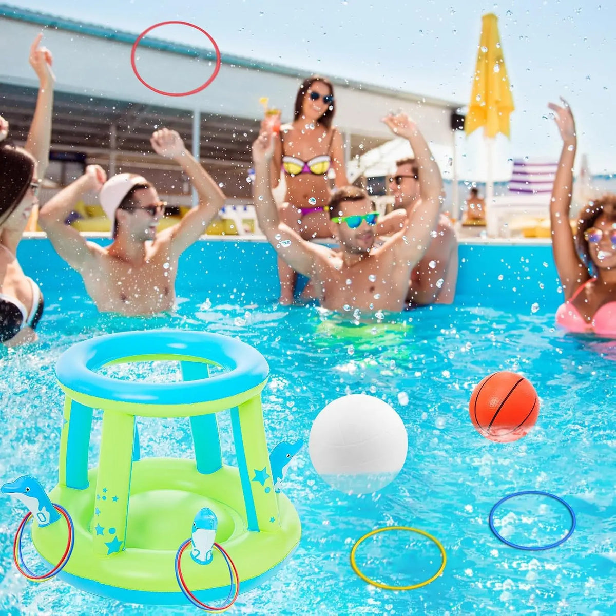 Pool Toys Games Set - 3 in 1 Pool Volleyball Net Basketball Hoop Ring Toss Game Inflatable Floats Water Floating Volleyball Swimming Pools Games Party Gift for Kids Adults (Green&amp;Blue, L)