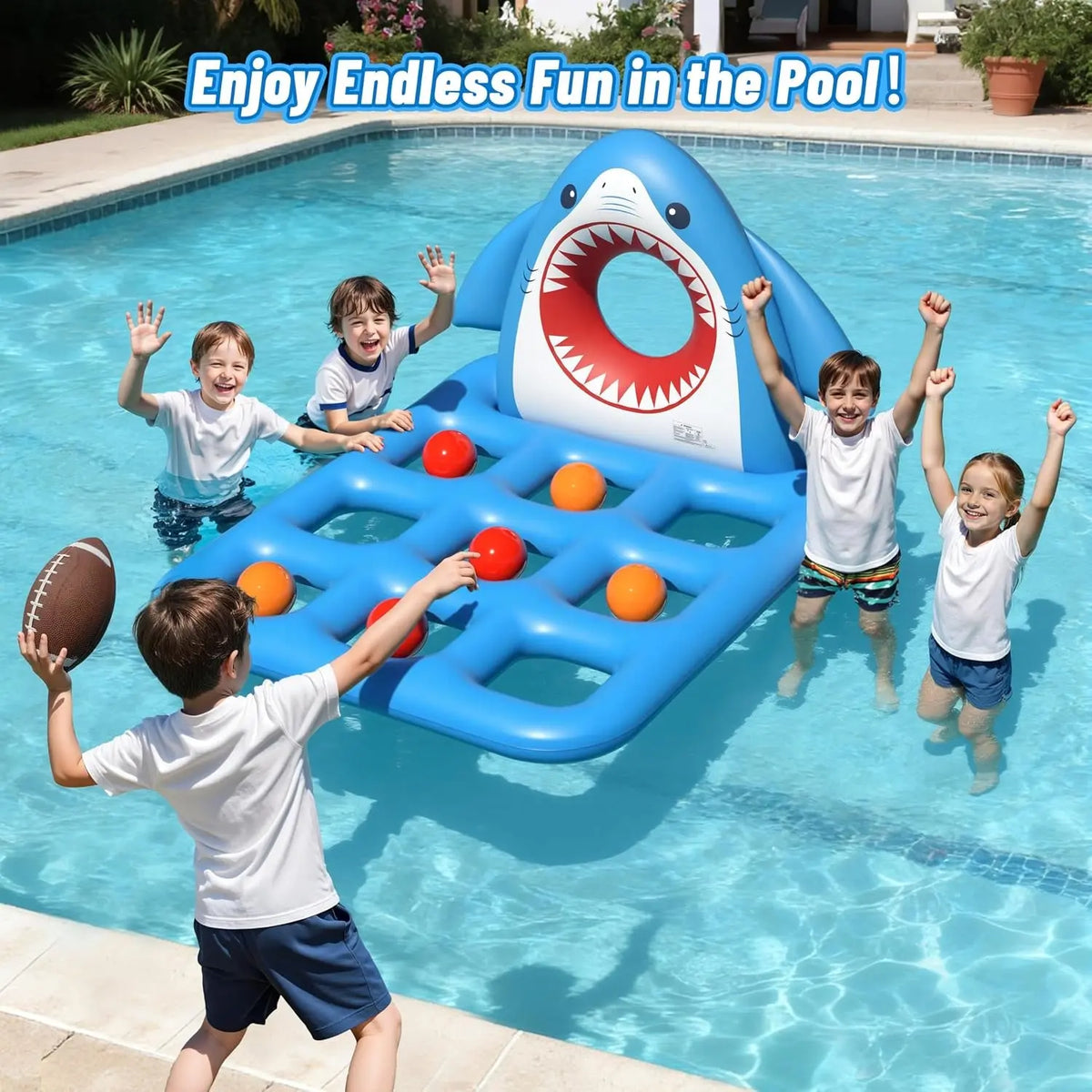 Inflatable Pool Toys Games, Fun 2-In-1 Shark Pool Water Games Floating, Giant Tic Tac Toe Game with 10 Balls &amp; Football - Family Pool Party Beach Game Toys for Kids Ages 6+ Adults Teens