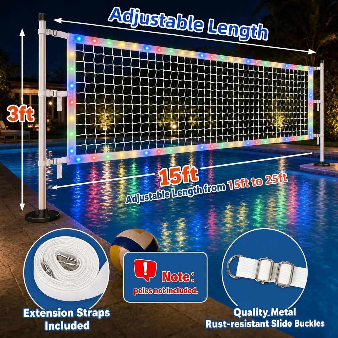 Upgraded Pool Volleyball Net Only,15X3Ft Adjustable Replacement Water Volleyball Net with 8 Modes for Inground Pools,Pool Games for Adults and Family Summer Swimming Pool Party Fun