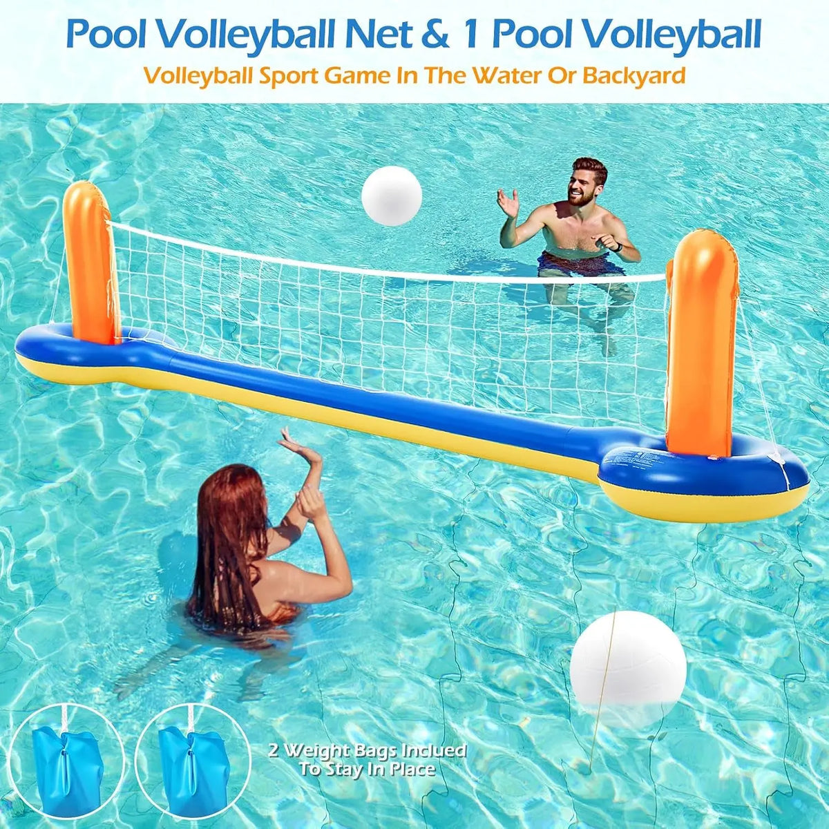 Pool Toys Games Set - 3 in 1 Pool Volleyball Net Basketball Hoop Ring Toss Game Inflatable Floats Water Floating Volleyball Swimming Pools Games Party Gift for Kids Adults (Orange&amp;Blue, XL)