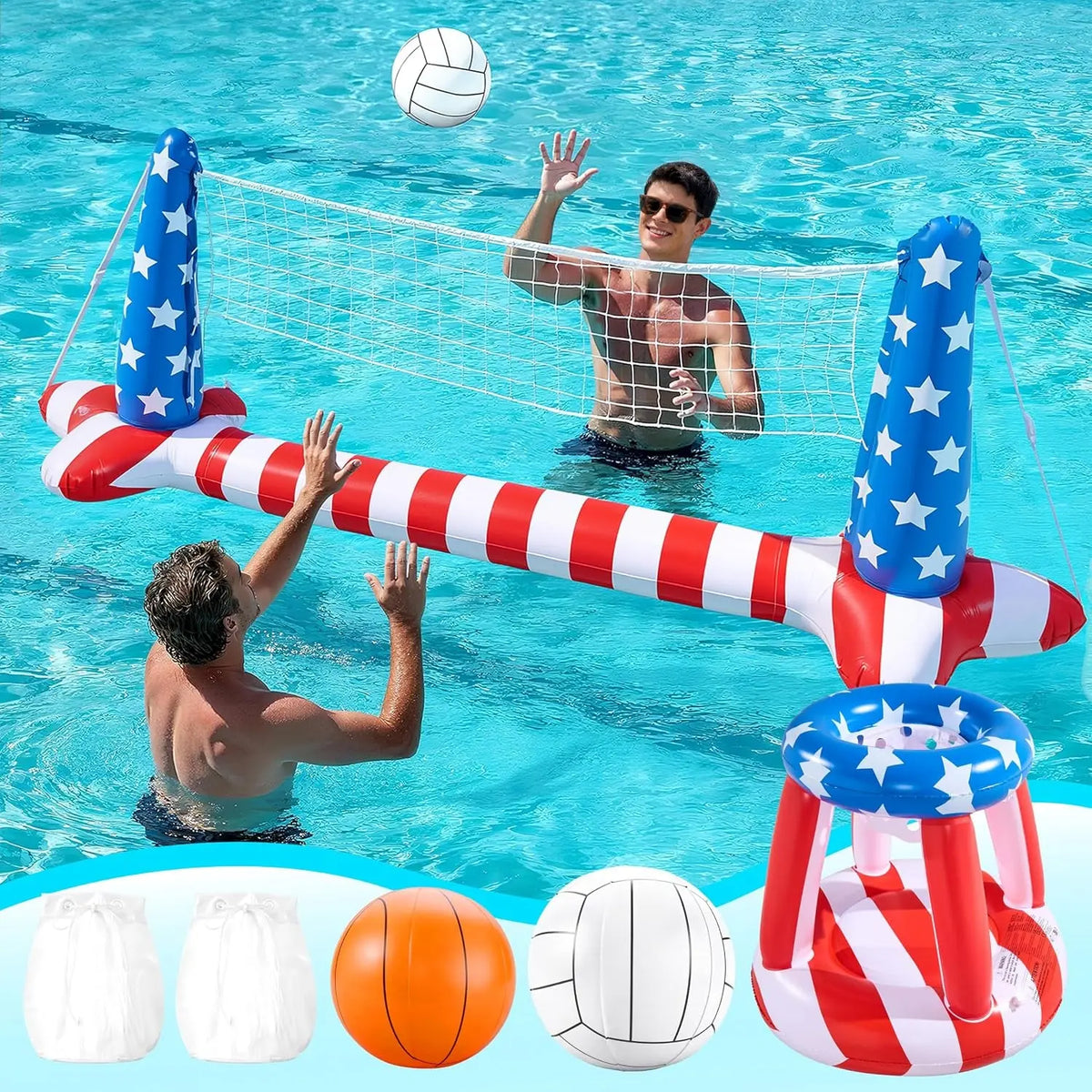 4Th of July Pool Games Set, Inflatable Pool Floats Set American Flag Volleyball Net &amp; Basketball Hoops, Swimming Pool Game Toy for Kids and Adults, Floating, Volleyball Court (105”X35”)