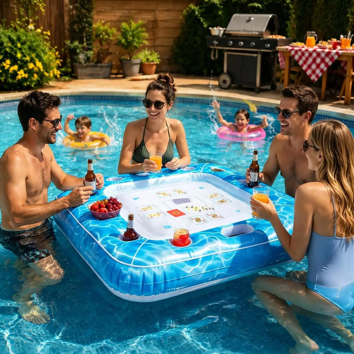Inflatable Pool Game Table Floating Game Tables with Waterproof Playing Cards Swimming Pool Inflatable Table for Beach Party Hot Springs Water Park Summer Gathering