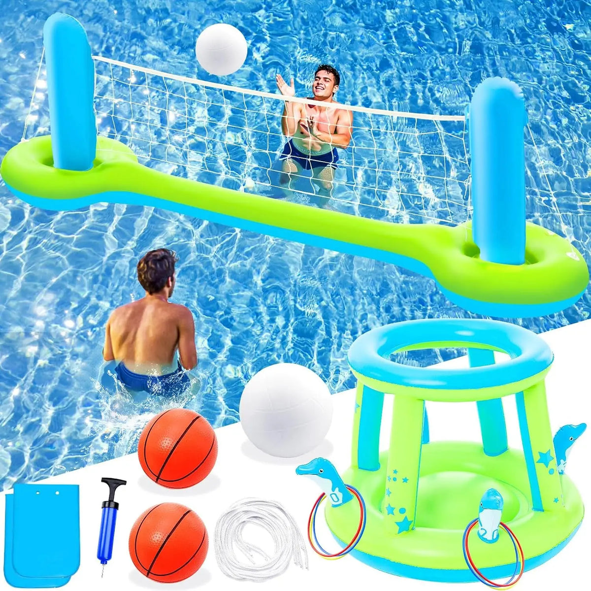 Pool Toys Games Set - 3 in 1 Pool Volleyball Net Basketball Hoop Ring Toss Game Inflatable Floats Water Floating Volleyball Swimming Pools Games Party Gift for Kids Adults (Green&amp;Blue, L)