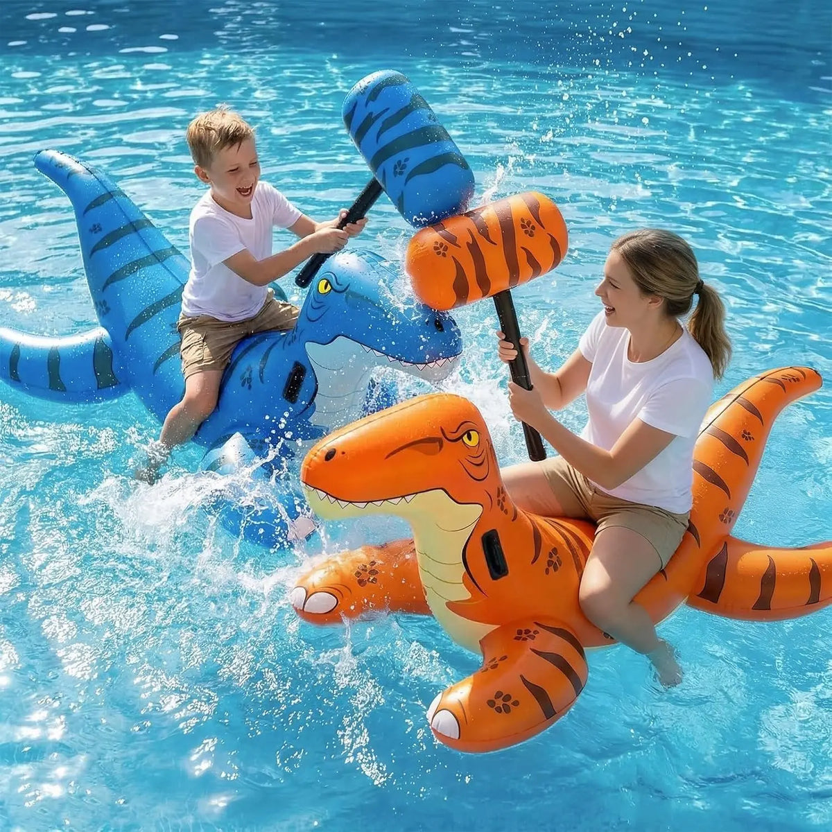 Pool Games Toys Floats -2Pack Inflatable Dinosaur Pool Floats with Blow up Toy Hammers Ride on Pool Floaties for Kids Teens Adults Lounge Raft Summer Lake Beach Party Decorations