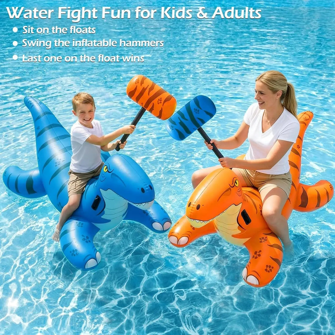 Pool Games Toys Floats -2Pack Inflatable Dinosaur Pool Floats with Blow up Toy Hammers Ride on Pool Floaties for Kids Teens Adults Lounge Raft Summer Lake Beach Party Decorations