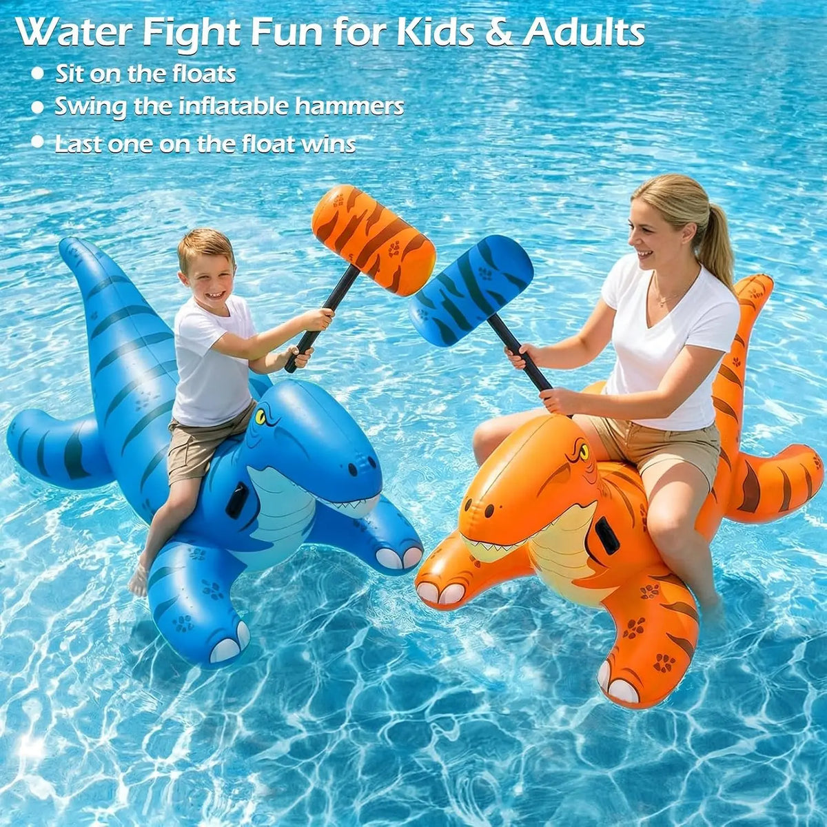 Pool Games Toys Floats -2Pack Inflatable Dinosaur Pool Floats with Blow up Toy Hammers Ride on Pool Floaties for Kids Teens Adults Lounge Raft Summer Lake Beach Party Decorations