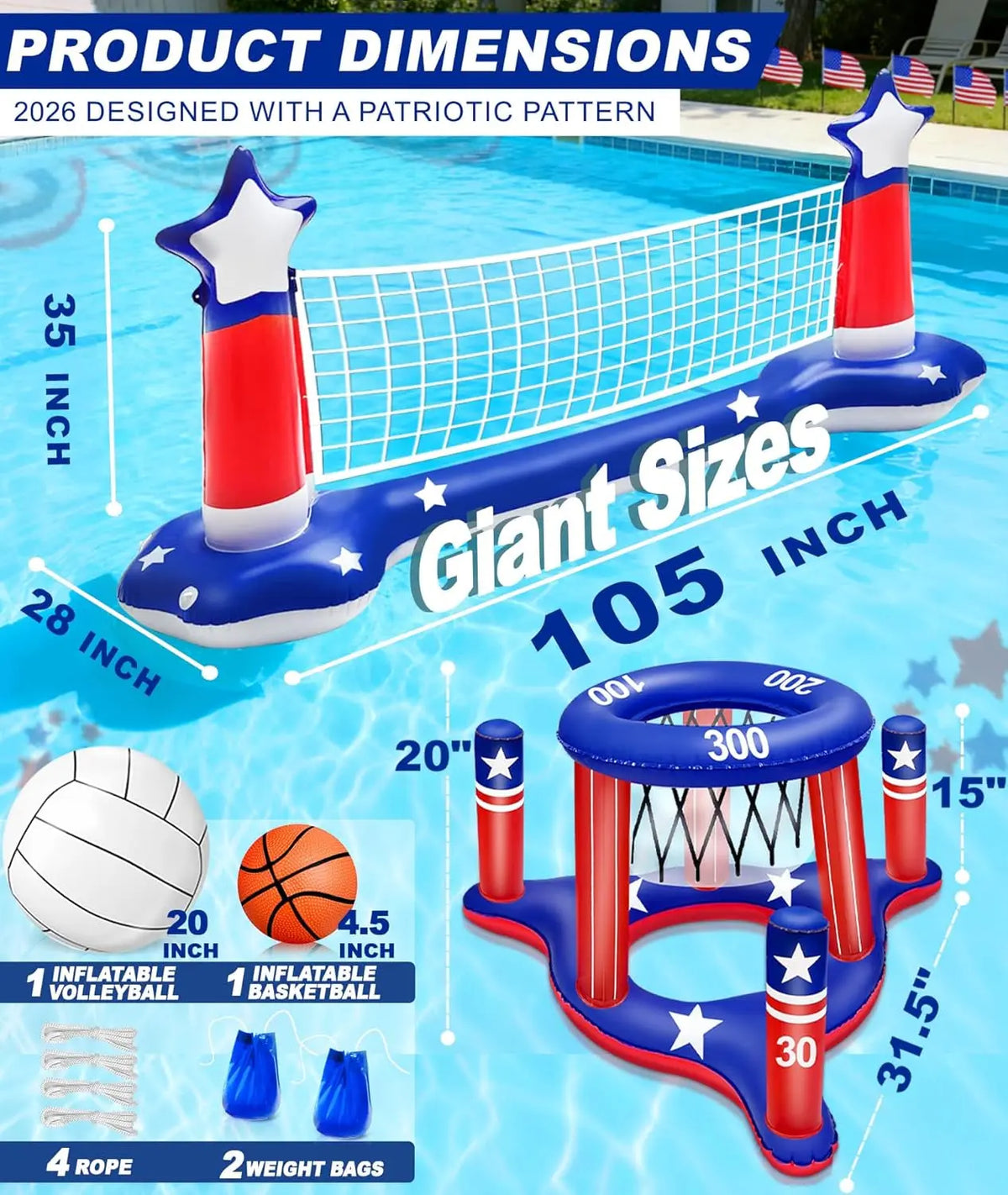 Pool Games Set 3-In-1 Volleyball Net &amp; Basketball Hoop &amp; Ring Toss