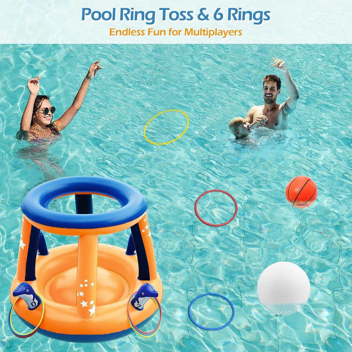 Pool Toys Games Set - 3 in 1 Pool Volleyball Net Basketball Hoop Ring Toss Game Inflatable Floats Water Floating Volleyball Swimming Pools Games Party Gift for Kids Adults (Orange&amp;Blue, XL)