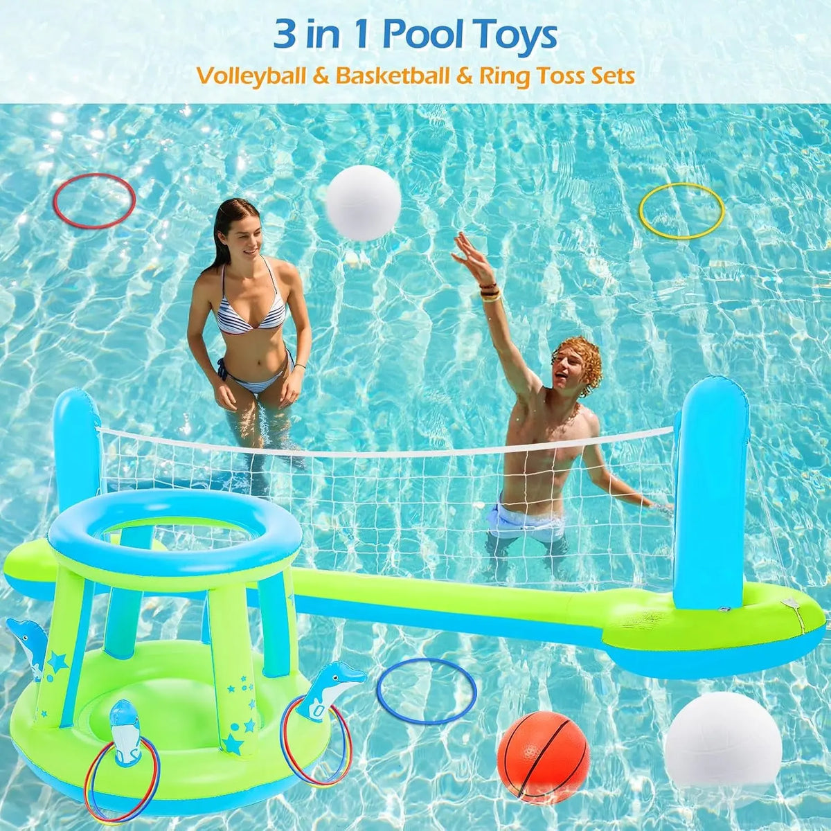 Pool Toys Games Set - 3 in 1 Pool Volleyball Net Basketball Hoop Ring Toss Game Inflatable Floats Water Floating Volleyball Swimming Pools Games Party Gift for Kids Adults (Green&amp;Blue, L)