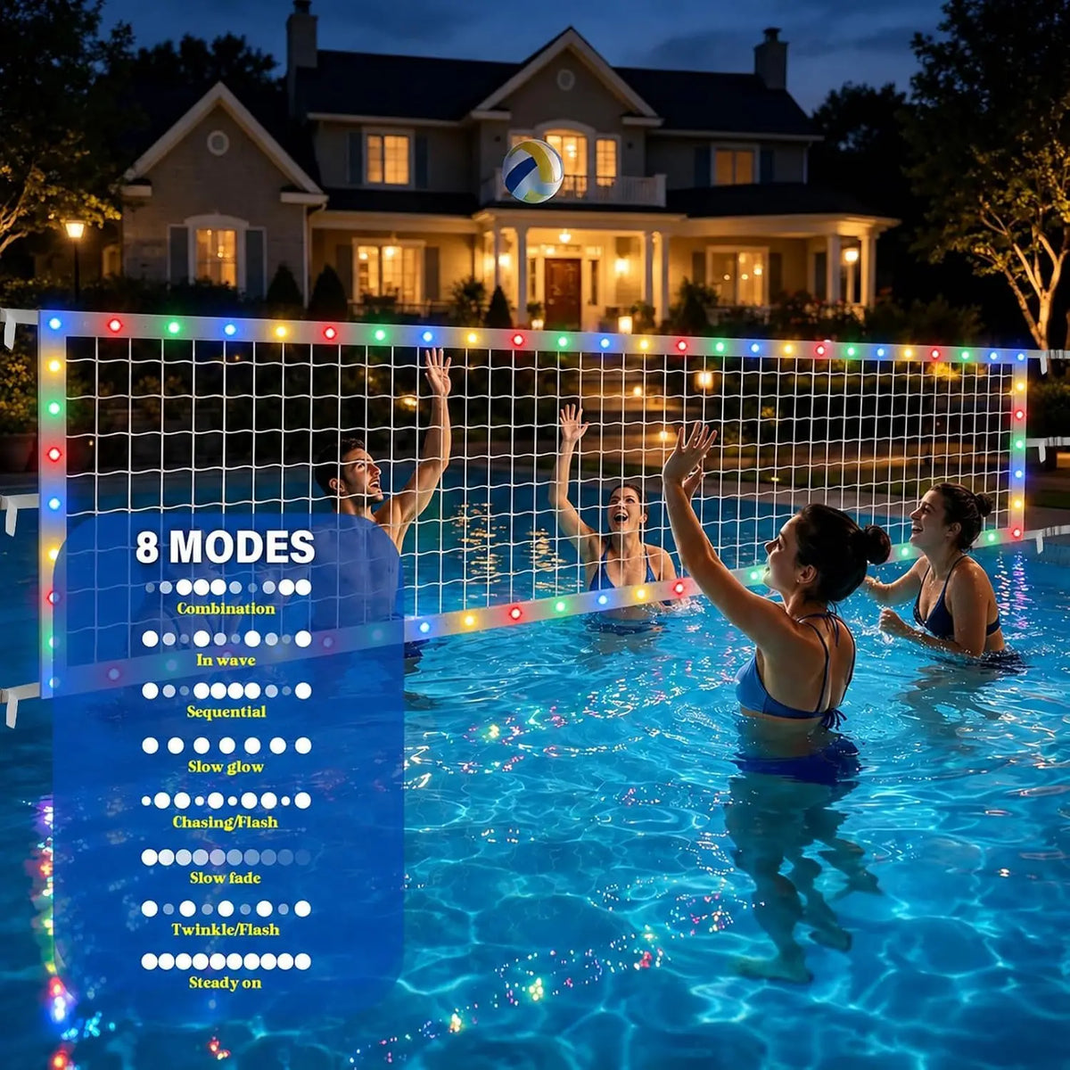 Upgraded Pool Volleyball Net Only,15X3Ft Adjustable Replacement Water Volleyball Net with 8 Modes for Inground Pools,Pool Games for Adults and Family Summer Swimming Pool Party Fun