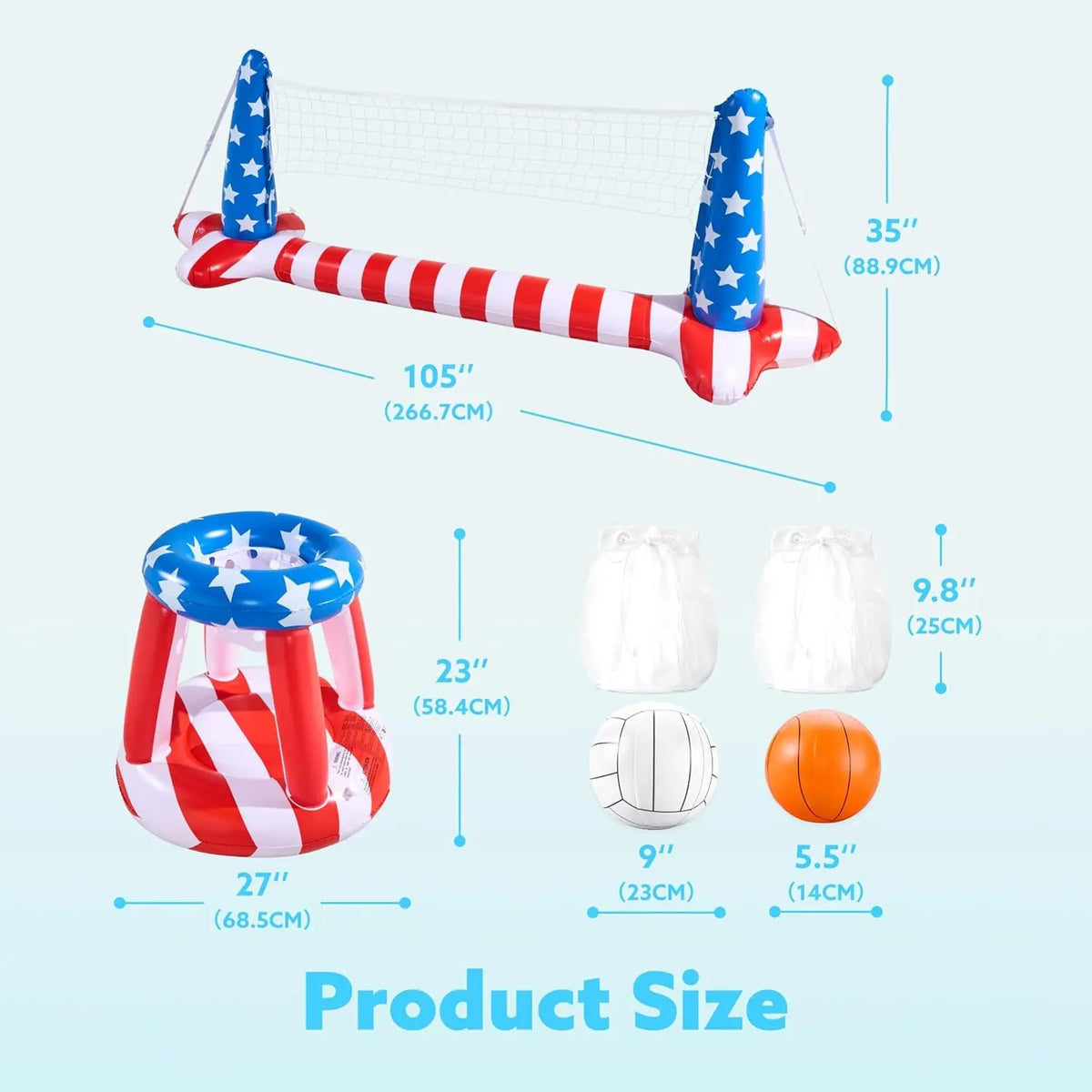 4Th of July Pool Games Set, Inflatable Pool Floats Set American Flag Volleyball Net &amp; Basketball Hoops, Swimming Pool Game Toy for Kids and Adults, Floating, Volleyball Court (105”X35”)