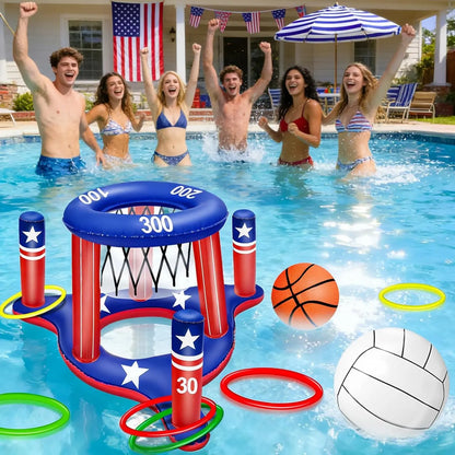 Pool Games Set 3-In-1 Volleyball Net &amp; Basketball Hoop &amp; Ring Toss