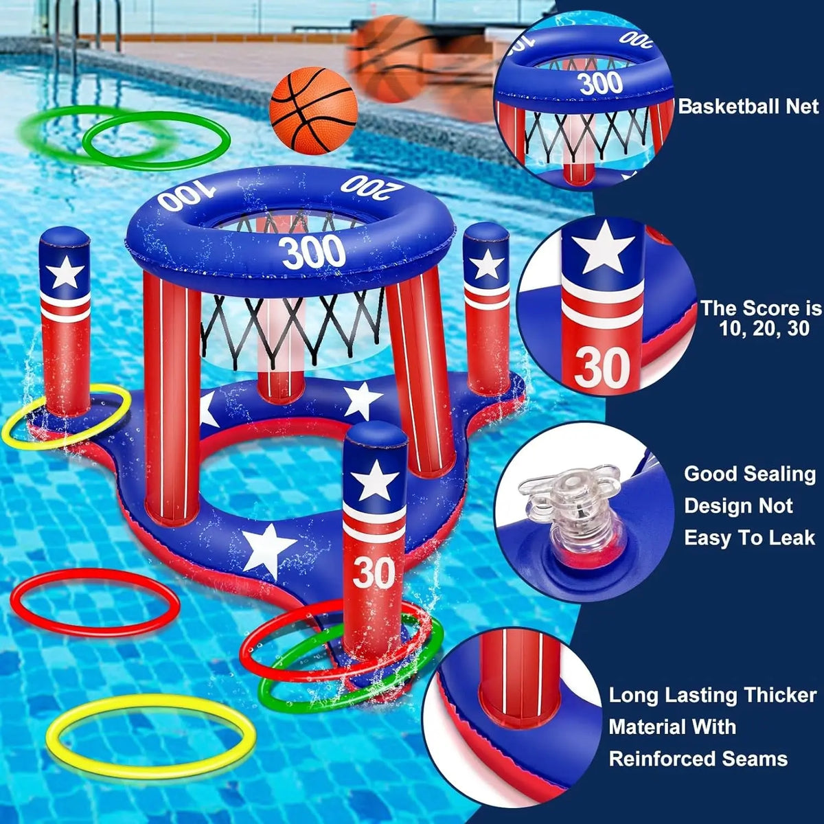American Flag Pool Toys Games for Teens Adult, 250Th Anniversary 2-In-1 Floating Basketball Hoop Inflatable Cross Ring Toss Games Set Summer Swimming Pool Water Games Toys 4Th of July Party Favors