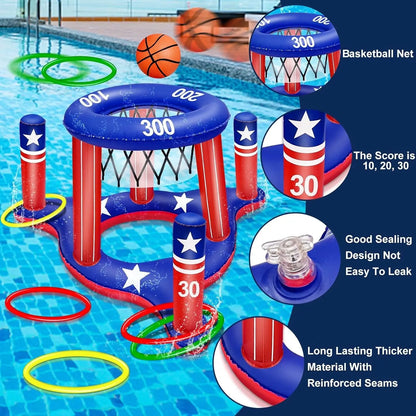 American Flag Pool Toys Games for Teens Adult, 250Th Anniversary 2-In-1 Floating Basketball Hoop Inflatable Cross Ring Toss Games Set Summer Swimming Pool Water Games Toys 4Th of July Party Favors