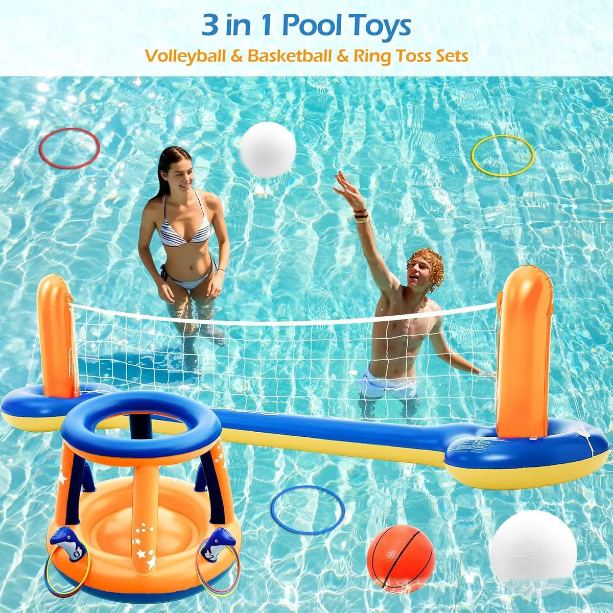 Pool Toys Games Set - 3 in 1 Pool Volleyball Net Basketball Hoop Ring Toss Game Inflatable Floats Water Floating Volleyball Swimming Pools Games Party Gift for Kids Adults (Orange&amp;Blue, XL)