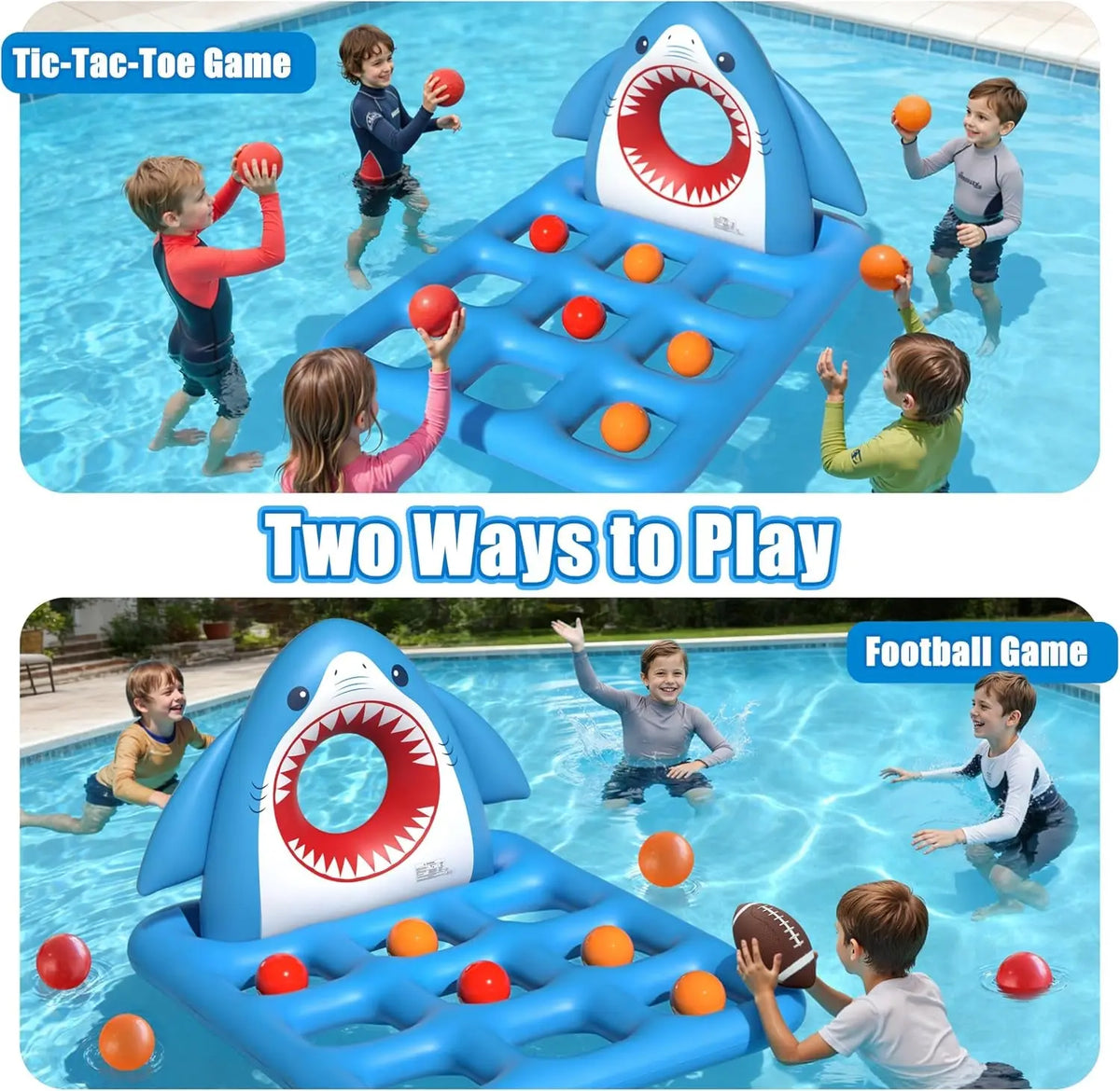 Inflatable Pool Toys Games, Fun 2-In-1 Shark Pool Water Games Floating, Giant Tic Tac Toe Game with 10 Balls &amp; Football - Family Pool Party Beach Game Toys for Kids Ages 6+ Adults Teens