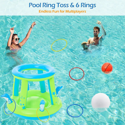 Pool Toys Games Set - 3 in 1 Pool Volleyball Net Basketball Hoop Ring Toss Game Inflatable Floats Water Floating Volleyball Swimming Pools Games Party Gift for Kids Adults (Green&amp;Blue, L)