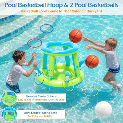 Pool Toys Games Set - 3 in 1 Pool Volleyball Net Basketball Hoop Ring Toss Game Inflatable Floats Water Floating Volleyball Swimming Pools Games Party Gift for Kids Adults (Green&amp;Blue, L)