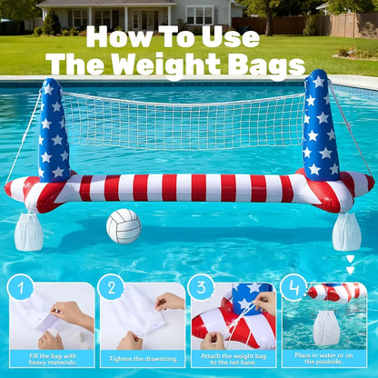 4Th of July Pool Games Set, Inflatable Pool Floats Set American Flag Volleyball Net &amp; Basketball Hoops, Swimming Pool Game Toy for Kids and Adults, Floating, Volleyball Court (105”X35”)