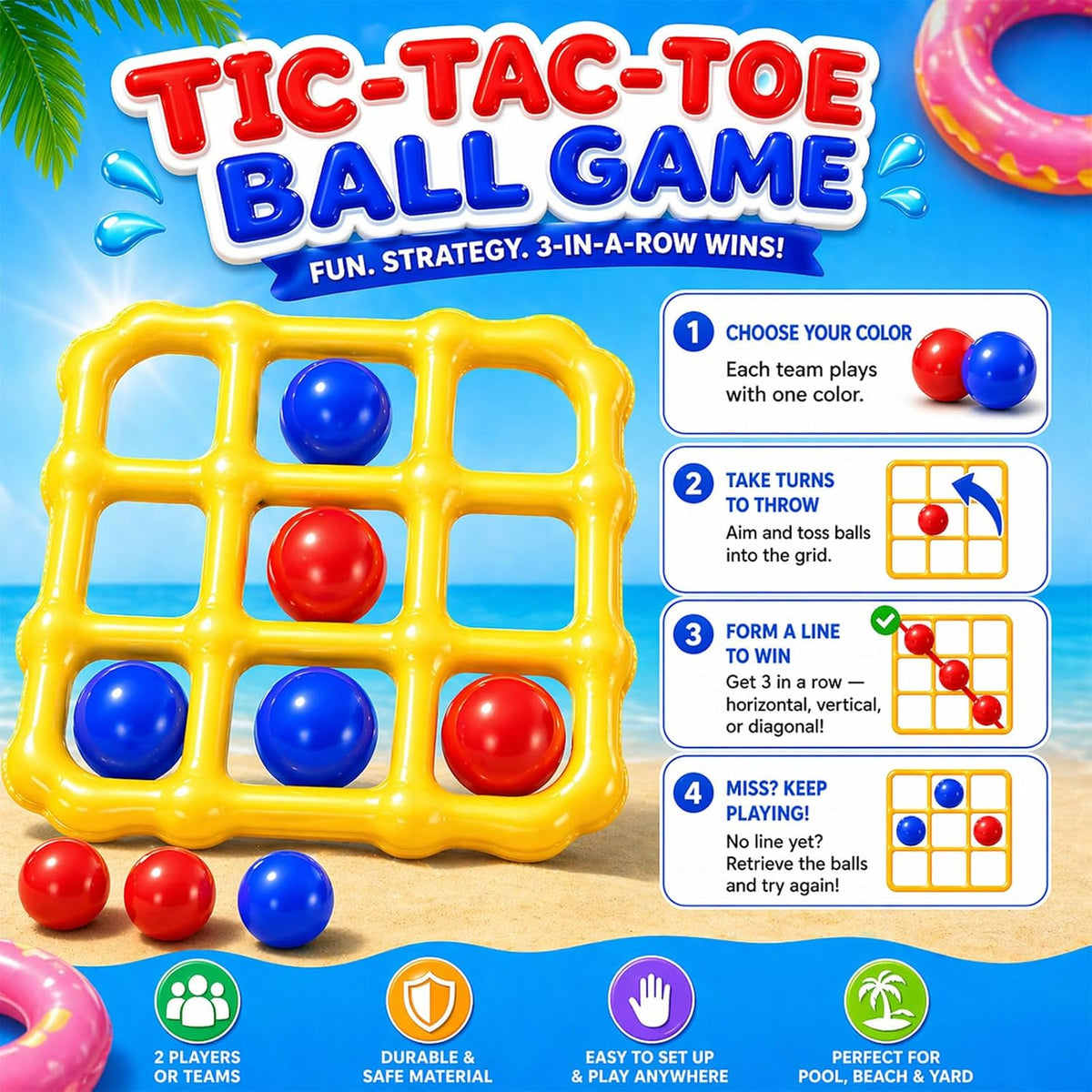Pool Toys Game Set - Giant Inflatable Tic Tac Toe Pool Games for Adults Kids，Fun Pool Toys Pool Cornhole for 4-12, Family Pool Party Games with 10 Balls for Swimming Pool, Beach, Yards Outdoor