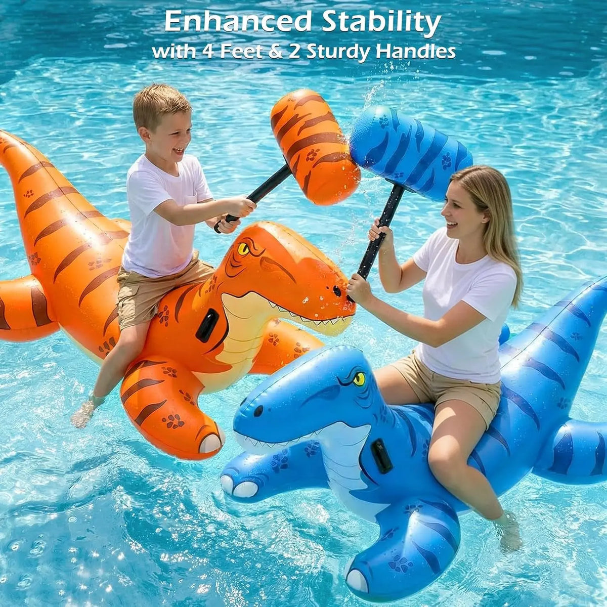 Pool Games Toys Floats -2Pack Inflatable Dinosaur Pool Floats with Blow up Toy Hammers Ride on Pool Floaties for Kids Teens Adults Lounge Raft Summer Lake Beach Party Decorations