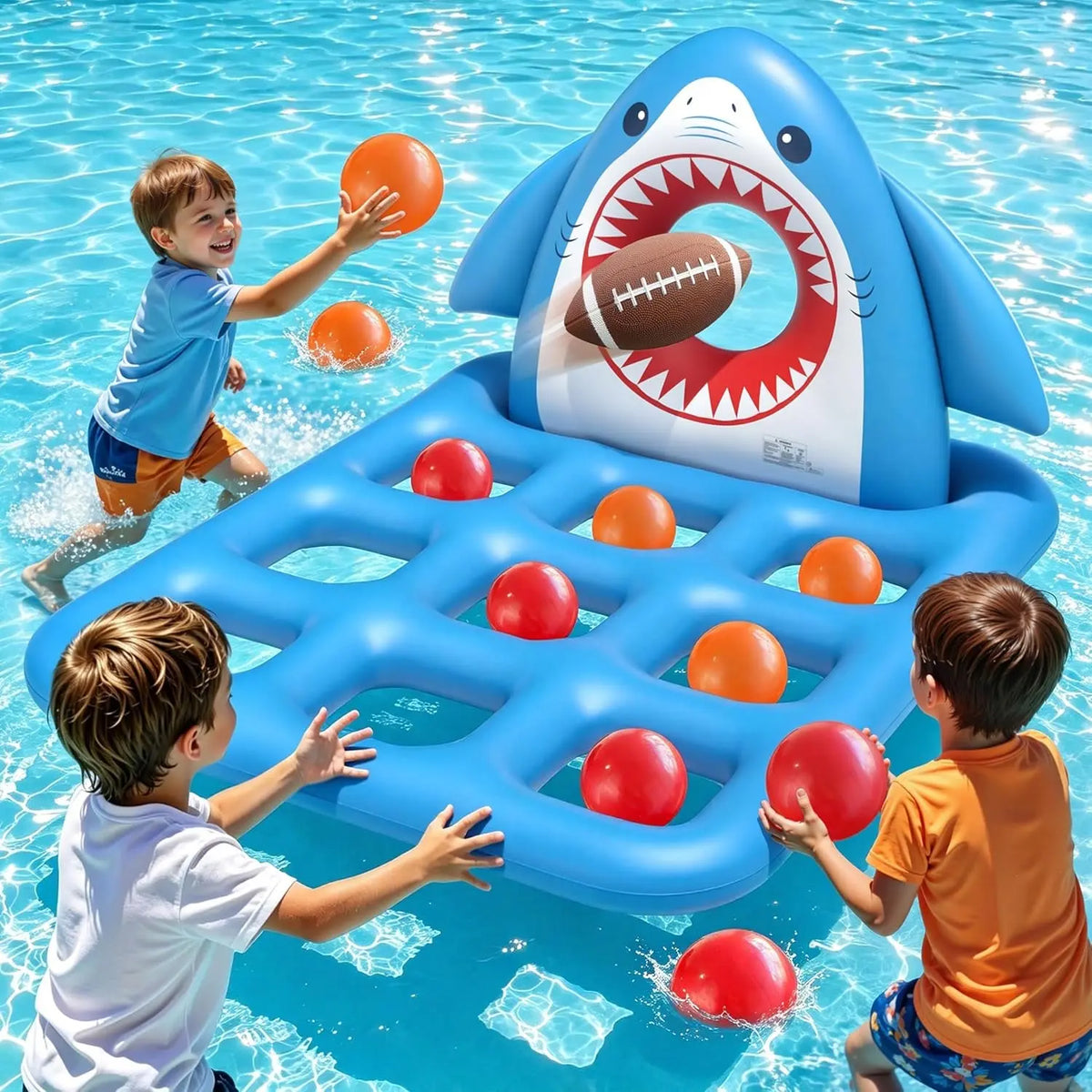 Inflatable Pool Toys Games, Fun 2-In-1 Shark Pool Water Games Floating, Giant Tic Tac Toe Game with 10 Balls &amp; Football - Family Pool Party Beach Game Toys for Kids Ages 6+ Adults Teens