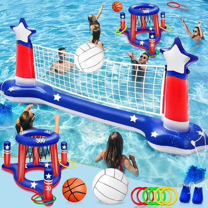 Pool Games Set 3-In-1 Volleyball Net &amp; Basketball Hoop &amp; Ring Toss