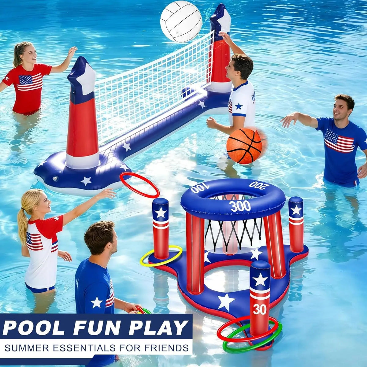 Pool Games Set 3-In-1 Volleyball Net &amp; Basketball Hoop &amp; Ring Toss