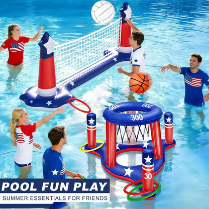 Pool Games Set 3-In-1 Volleyball Net &amp; Basketball Hoop &amp; Ring Toss
