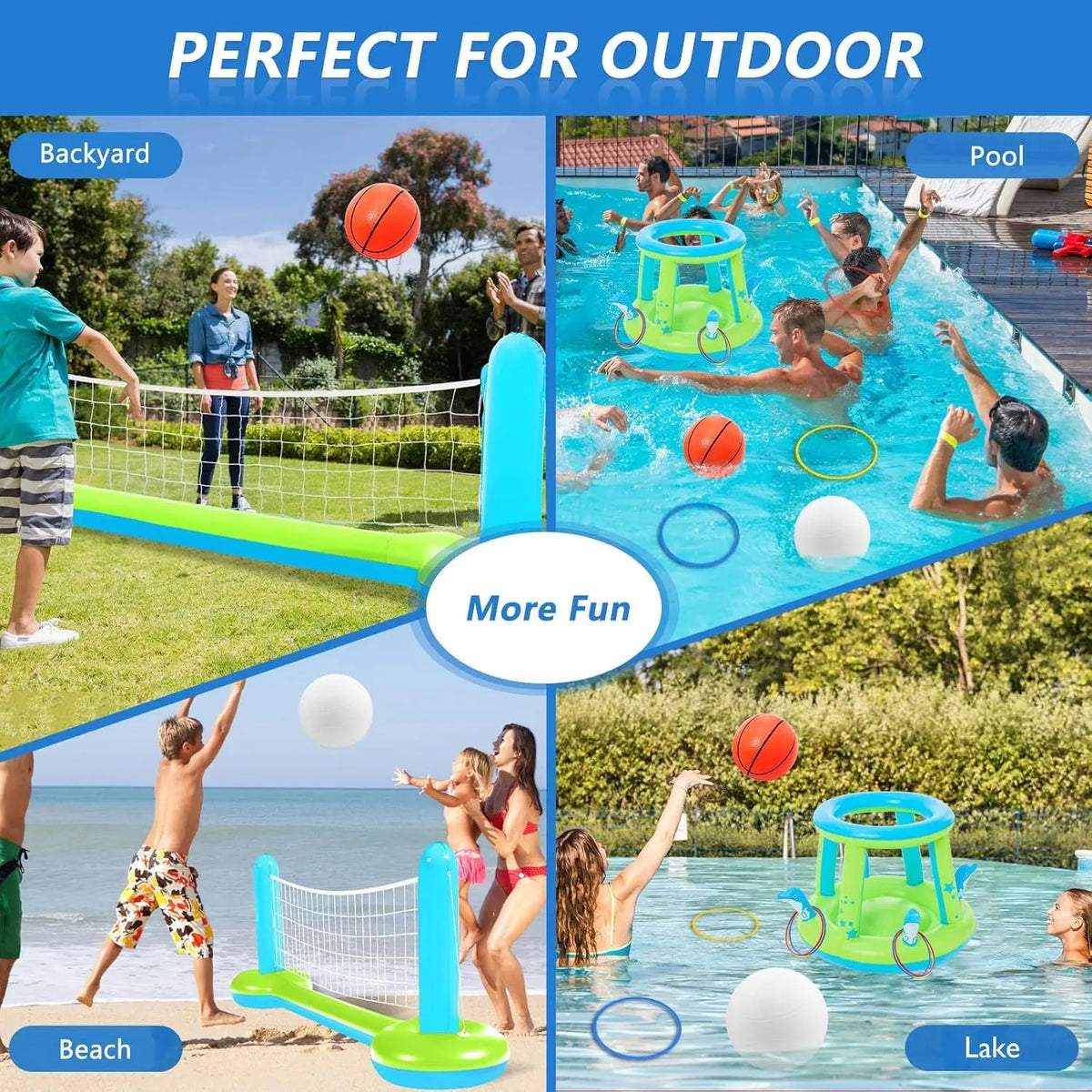 Pool Toys Games Set - 3 in 1 Pool Volleyball Net Basketball Hoop Ring Toss Game Inflatable Floats Water Floating Volleyball Swimming Pools Games Party Gift for Kids Adults (Green&amp;Blue, L)