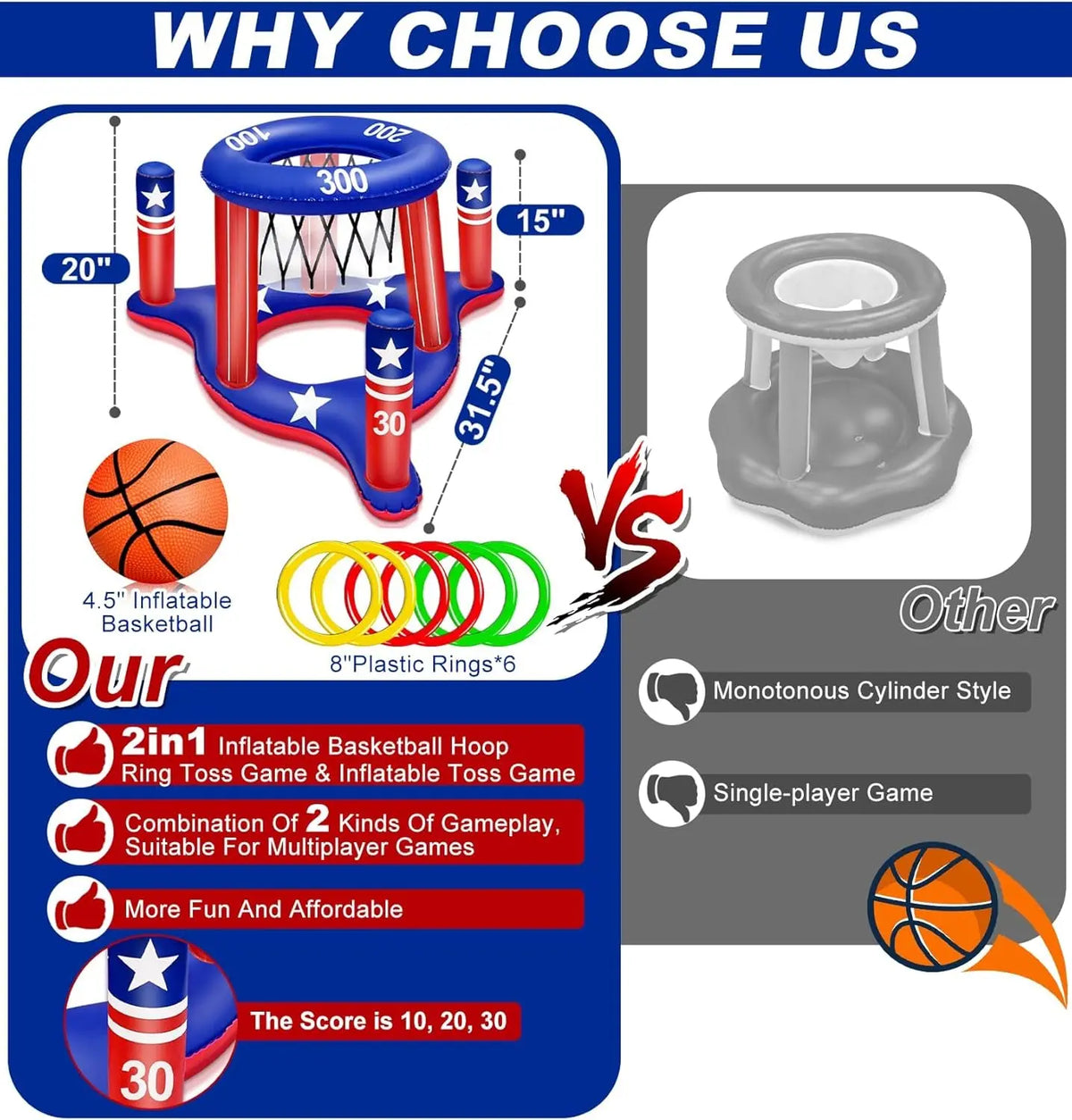 Pool Games Set 3-In-1 Volleyball Net &amp; Basketball Hoop &amp; Ring Toss