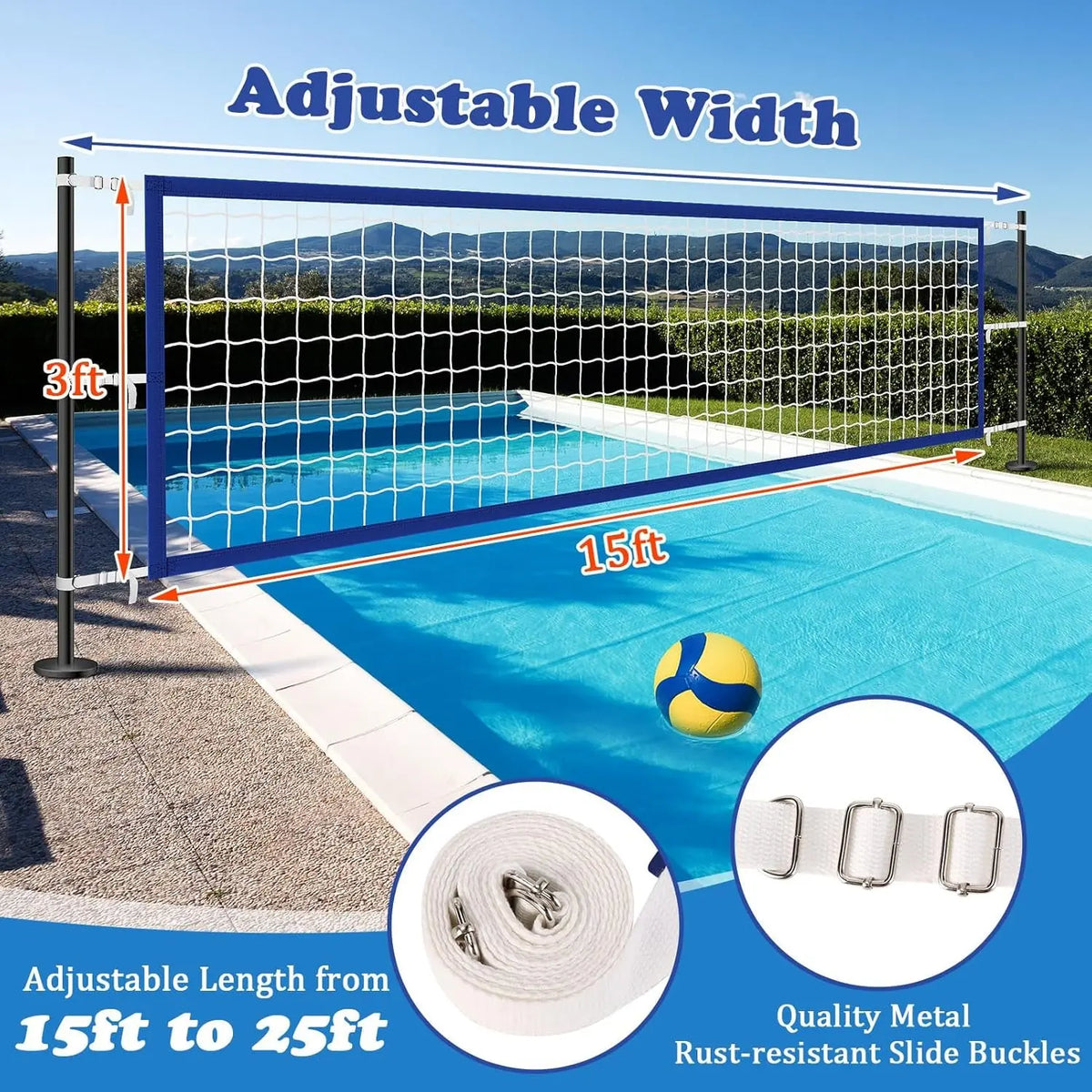 Upgraded Pool Volleyball Net, 15X3Ft Pool Volleyball Net for Inground Pool Games for Adults and Family 2026 Summer Pool Floaties Party Gift
