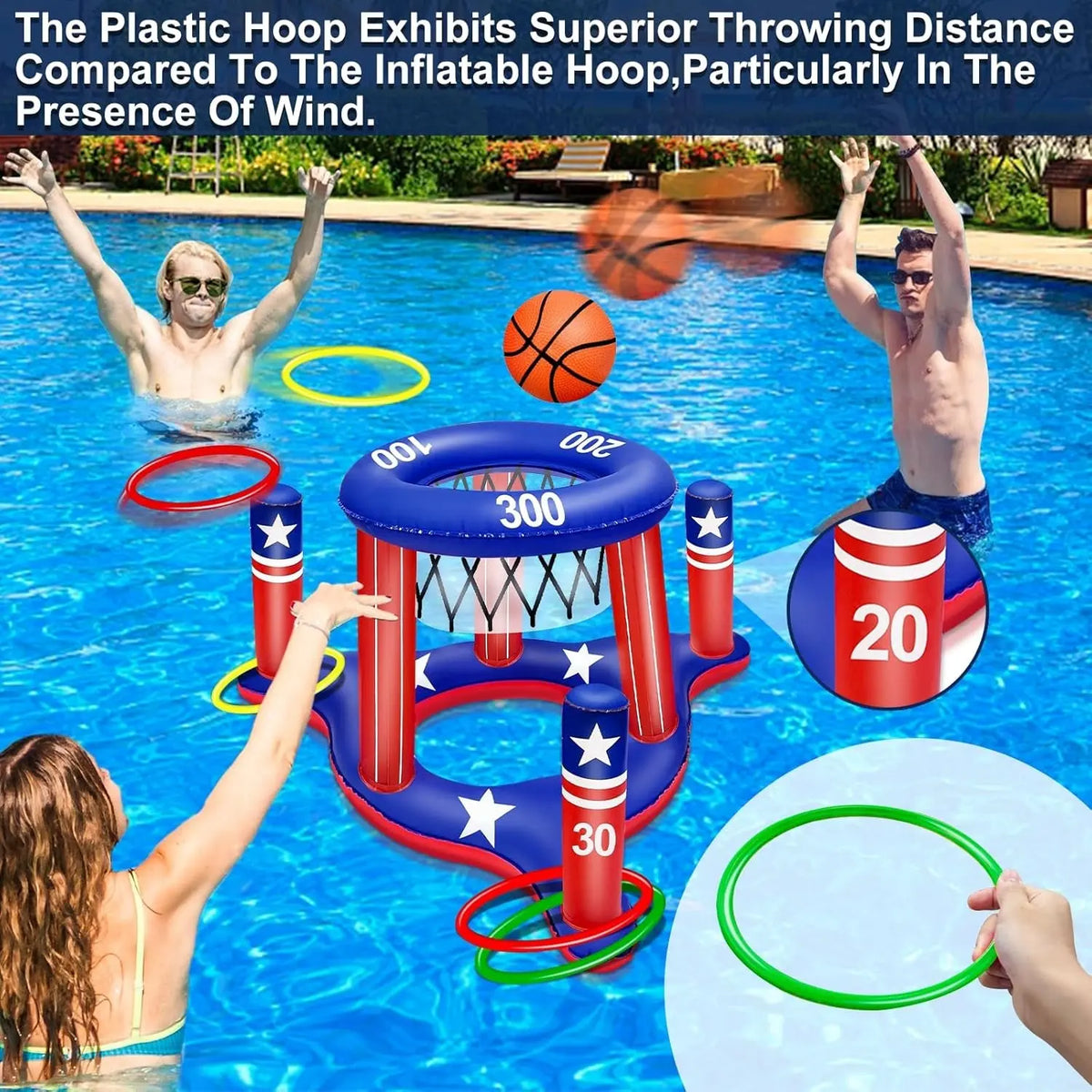 American Flag Pool Toys Games for Teens Adult, 250Th Anniversary 2-In-1 Floating Basketball Hoop Inflatable Cross Ring Toss Games Set Summer Swimming Pool Water Games Toys 4Th of July Party Favors