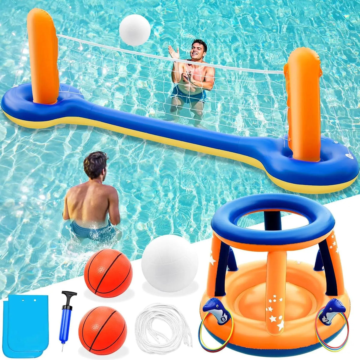 Pool Toys Games Set - 3 in 1 Pool Volleyball Net Basketball Hoop Ring Toss Game Inflatable Floats Water Floating Volleyball Swimming Pools Games Party Gift for Kids Adults (Orange&amp;Blue, XL)