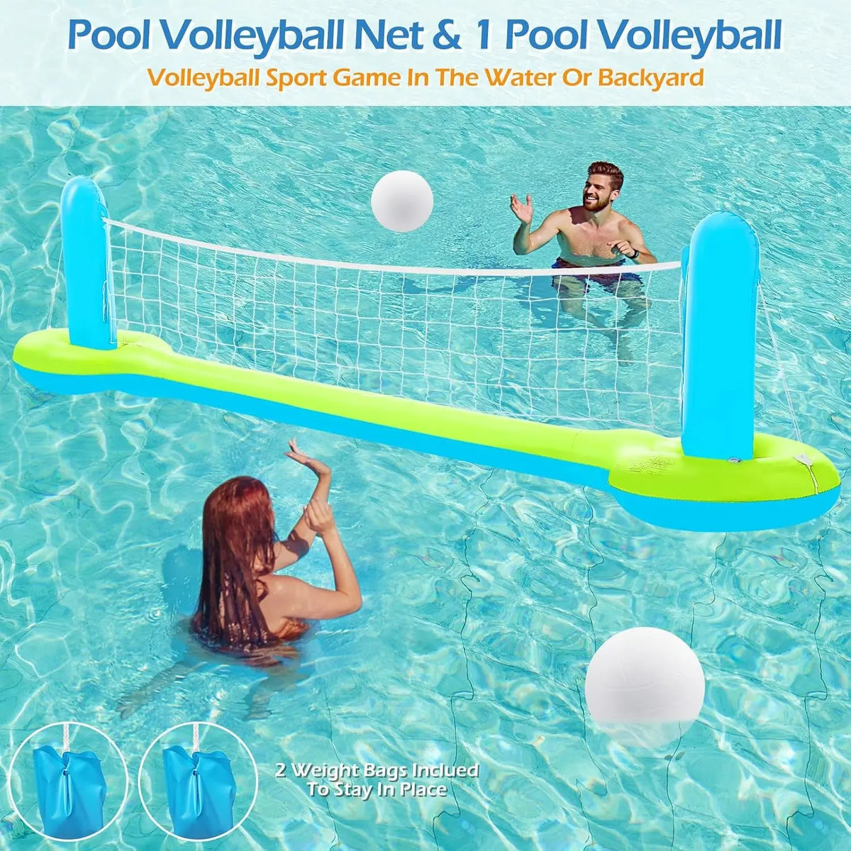 Pool Toys Games Set - 3 in 1 Pool Volleyball Net Basketball Hoop Ring Toss Game Inflatable Floats Water Floating Volleyball Swimming Pools Games Party Gift for Kids Adults (Green&amp;Blue, L)