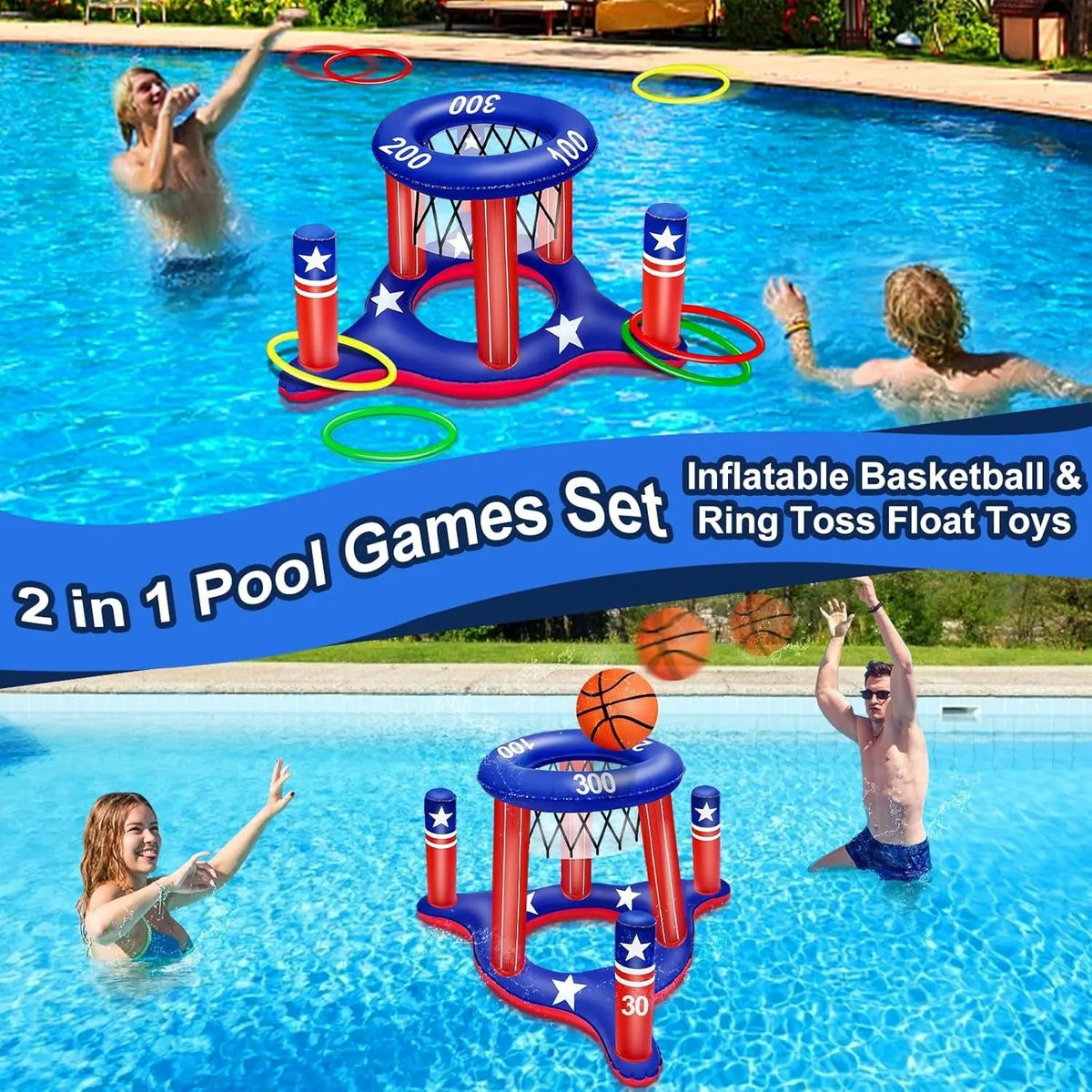 American Flag Pool Toys Games for Teens Adult, 250Th Anniversary 2-In-1 Floating Basketball Hoop Inflatable Cross Ring Toss Games Set Summer Swimming Pool Water Games Toys 4Th of July Party Favors
