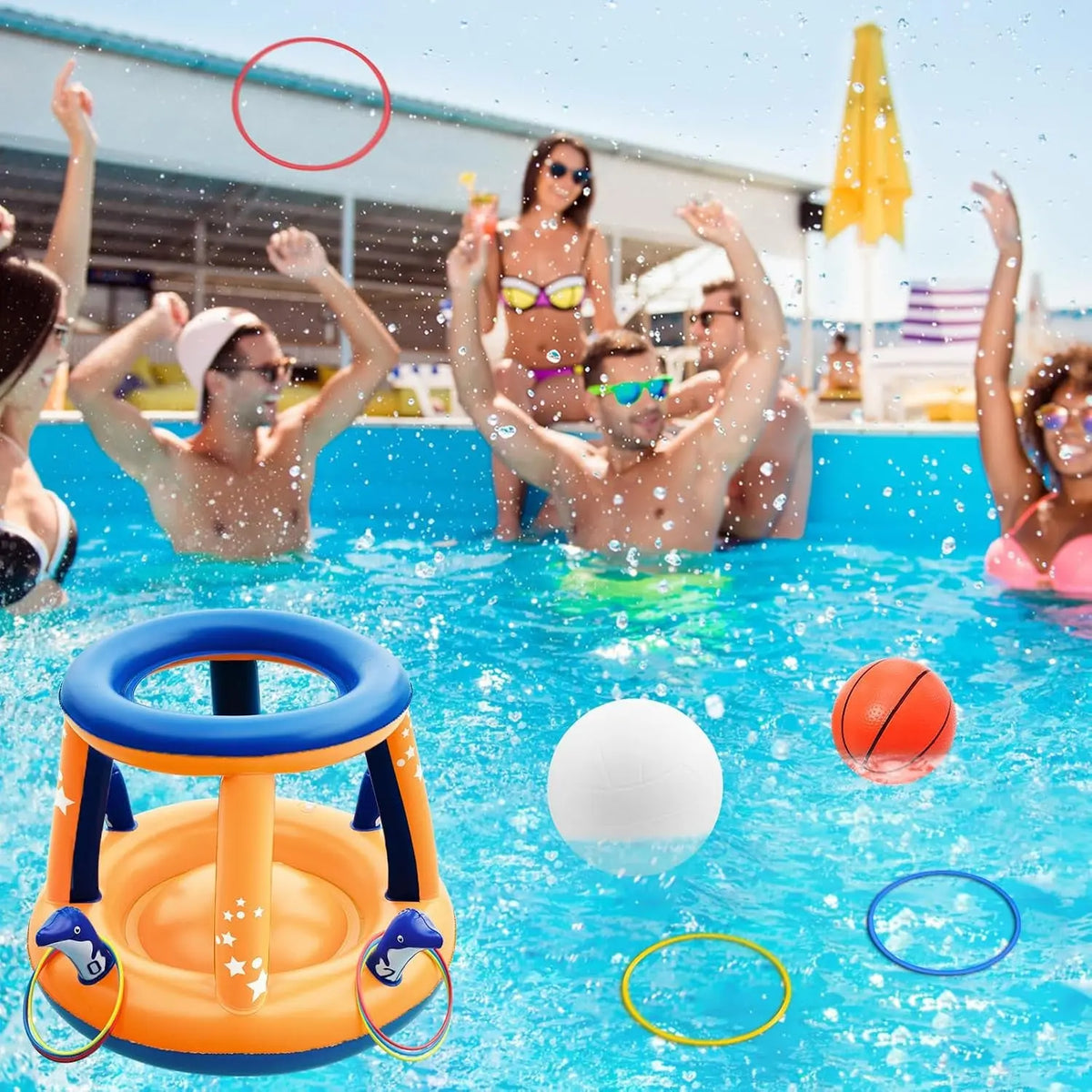 Pool Toys Games Set - 3 in 1 Pool Volleyball Net Basketball Hoop Ring Toss Game Inflatable Floats Water Floating Volleyball Swimming Pools Games Party Gift for Kids Adults (Orange&amp;Blue, XL)