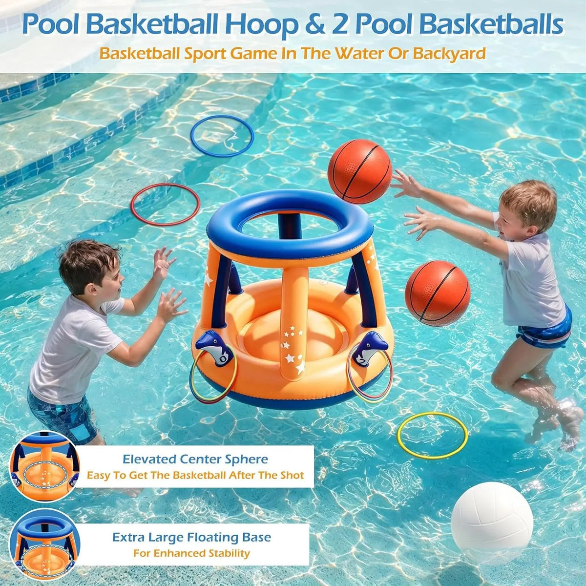 Pool Toys Games Set - 3 in 1 Pool Volleyball Net Basketball Hoop Ring Toss Game Inflatable Floats Water Floating Volleyball Swimming Pools Games Party Gift for Kids Adults (Orange&amp;Blue, XL)