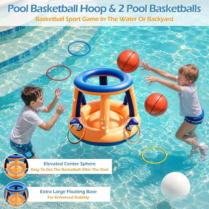 Pool Toys Games Set - 3 in 1 Pool Volleyball Net Basketball Hoop Ring Toss Game Inflatable Floats Water Floating Volleyball Swimming Pools Games Party Gift for Kids Adults (Orange&amp;Blue, XL)