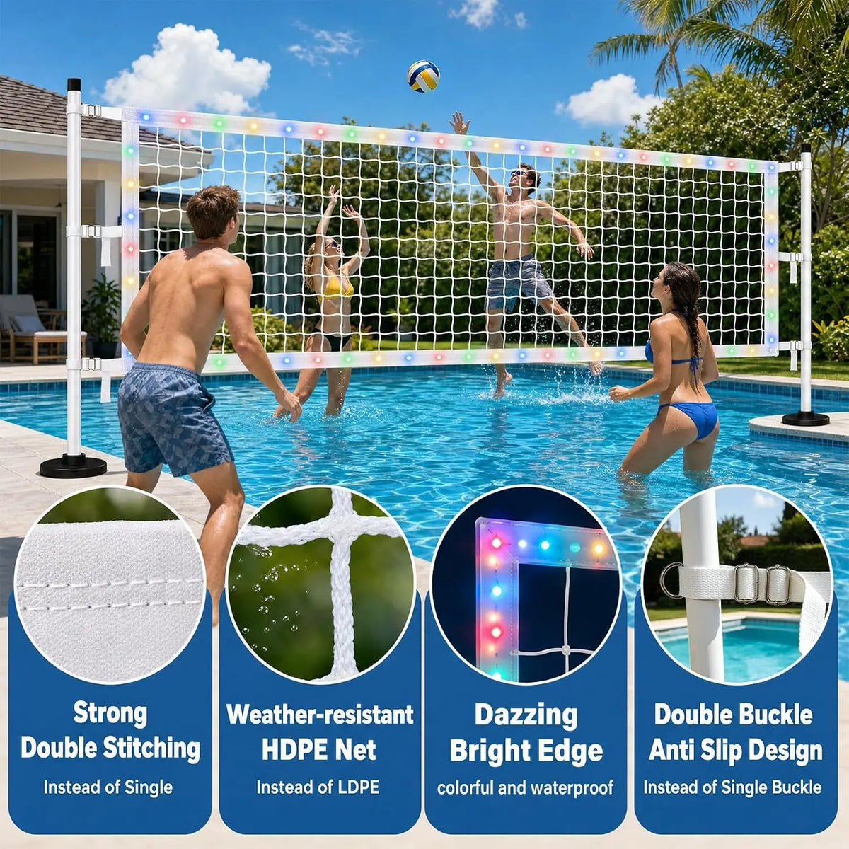 Upgraded Pool Volleyball Net Only,15X3Ft Adjustable Replacement Water Volleyball Net with 8 Modes for Inground Pools,Pool Games for Adults and Family Summer Swimming Pool Party Fun