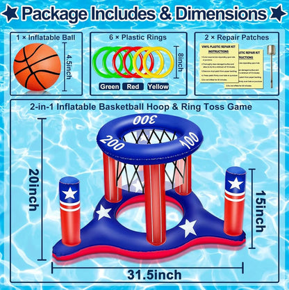 American Flag Pool Toys Games for Teens Adult, 250Th Anniversary 2-In-1 Floating Basketball Hoop Inflatable Cross Ring Toss Games Set Summer Swimming Pool Water Games Toys 4Th of July Party Favors